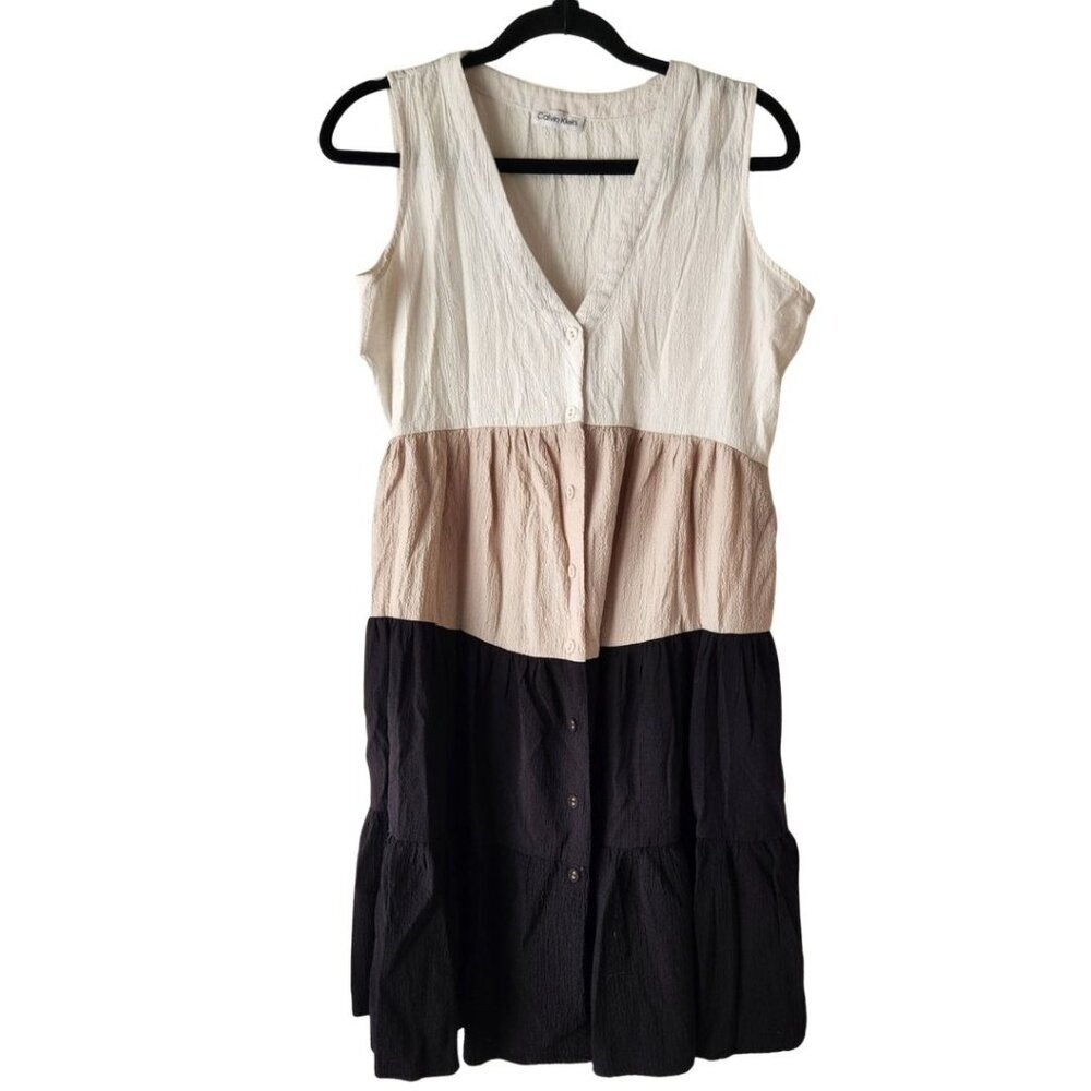Calvin Klein Neutral Colorblocked Tiered Ruffle Shift Dress Women's 8
